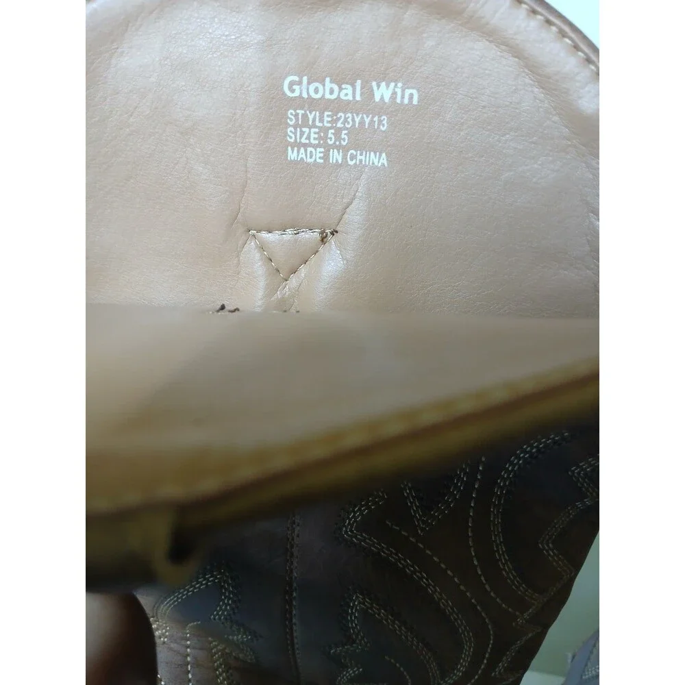 Global Win Western Cowboy Boots Brown Embroidered Mid Calf Women's Size 5.5